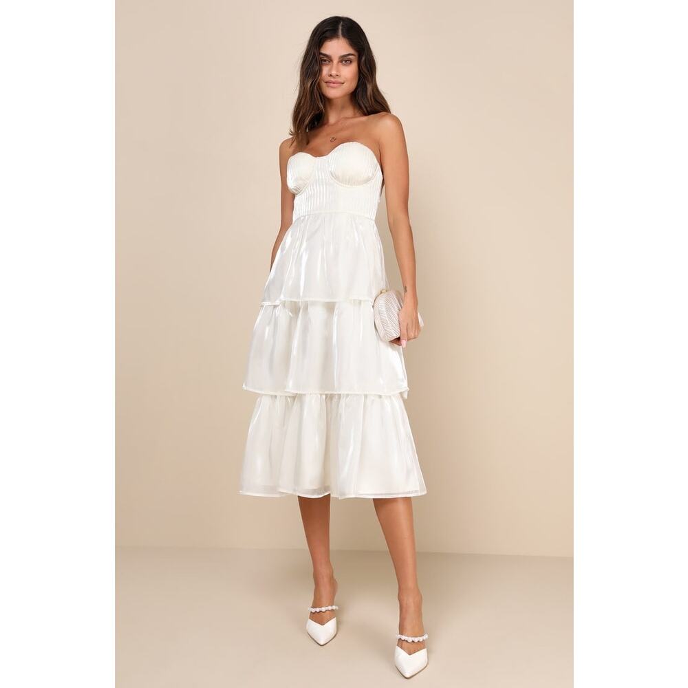 NWT Lulus Com-pleat-ly Charming Ivory Organza Tiered Strapless Midi Dress Sz M
